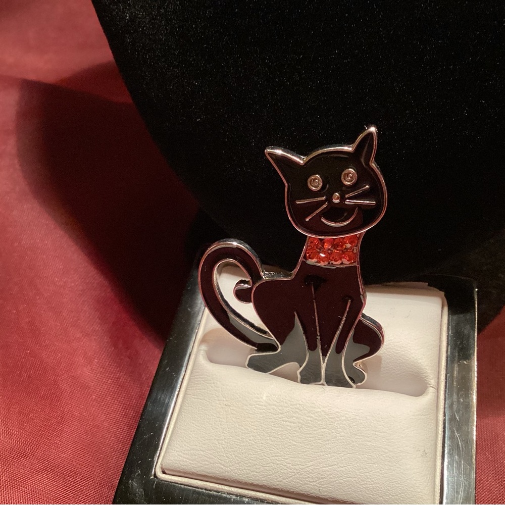 Black Cat Brooch with Red Stone Collar